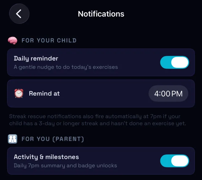 Notification settings for child reminders and parent summaries