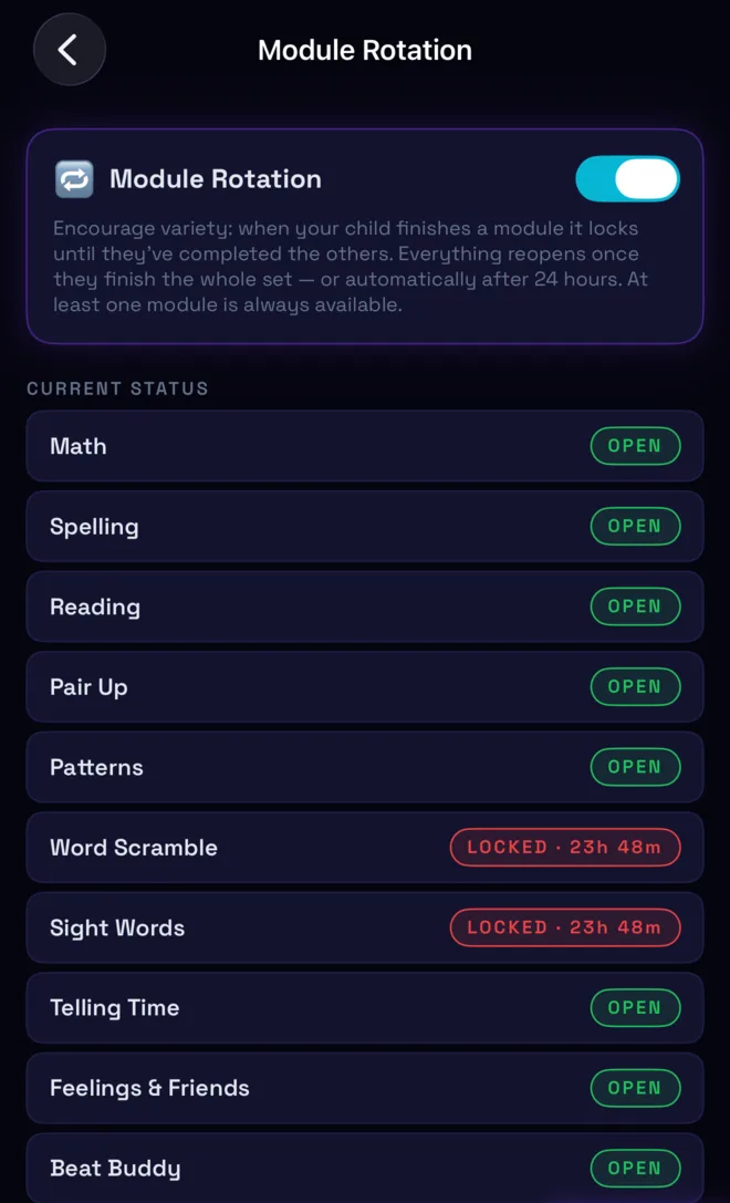 Module Rotation status list showing open and locked modules