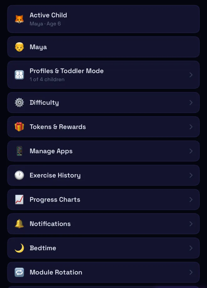 Parent settings list