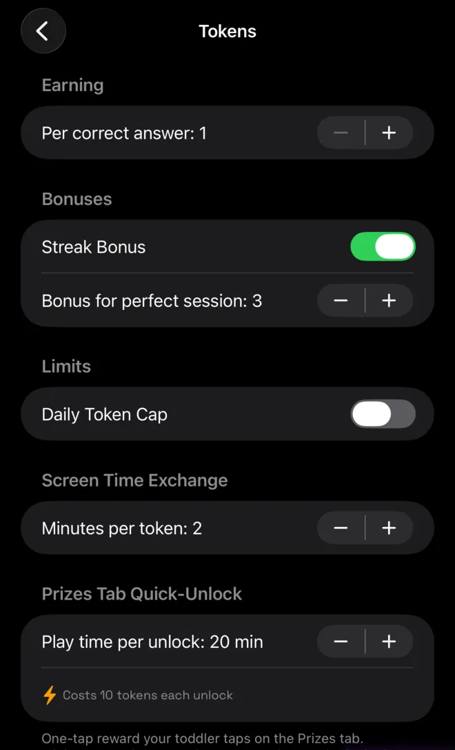 Tokens settings: per correct answer, streak bonus, daily cap, minutes per token