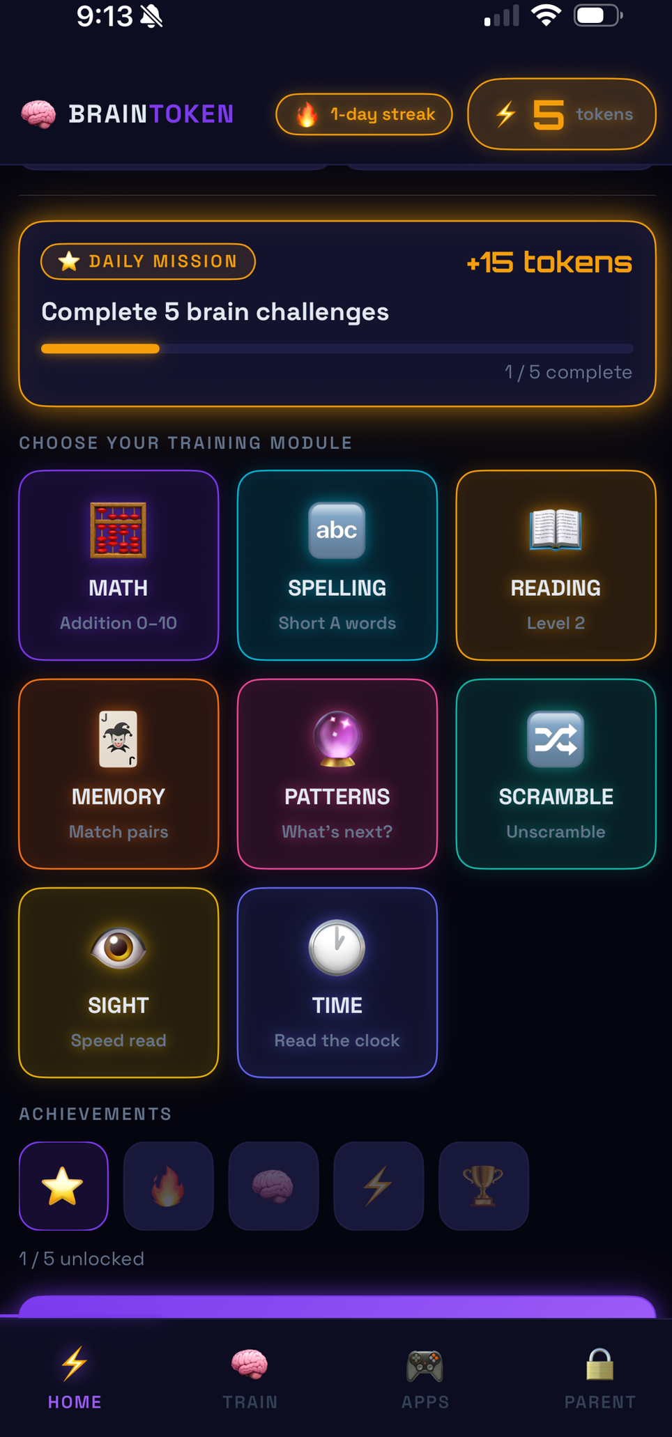 BrainToken home screen showing earned tokens and training modules
